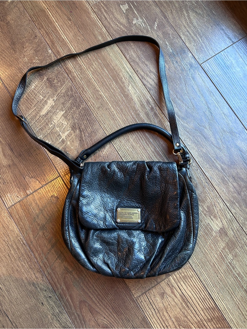 Marc by Marc Jacobs Black Pebbled Leather Crossbody with Gold Plaque